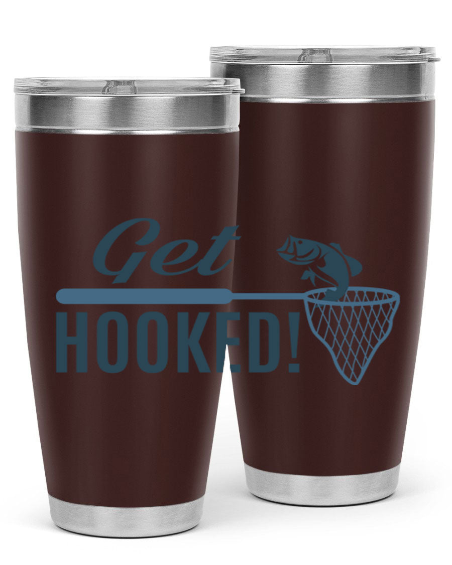 Get Hooked 133# Fishing Tumbler in stainless steel with a drink-thru lid, perfect for hot and cold beverages.