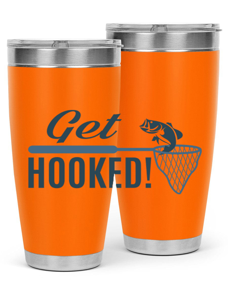 Get Hooked 133# Fishing Tumbler in stainless steel with a drink-thru lid, perfect for hot and cold beverages.