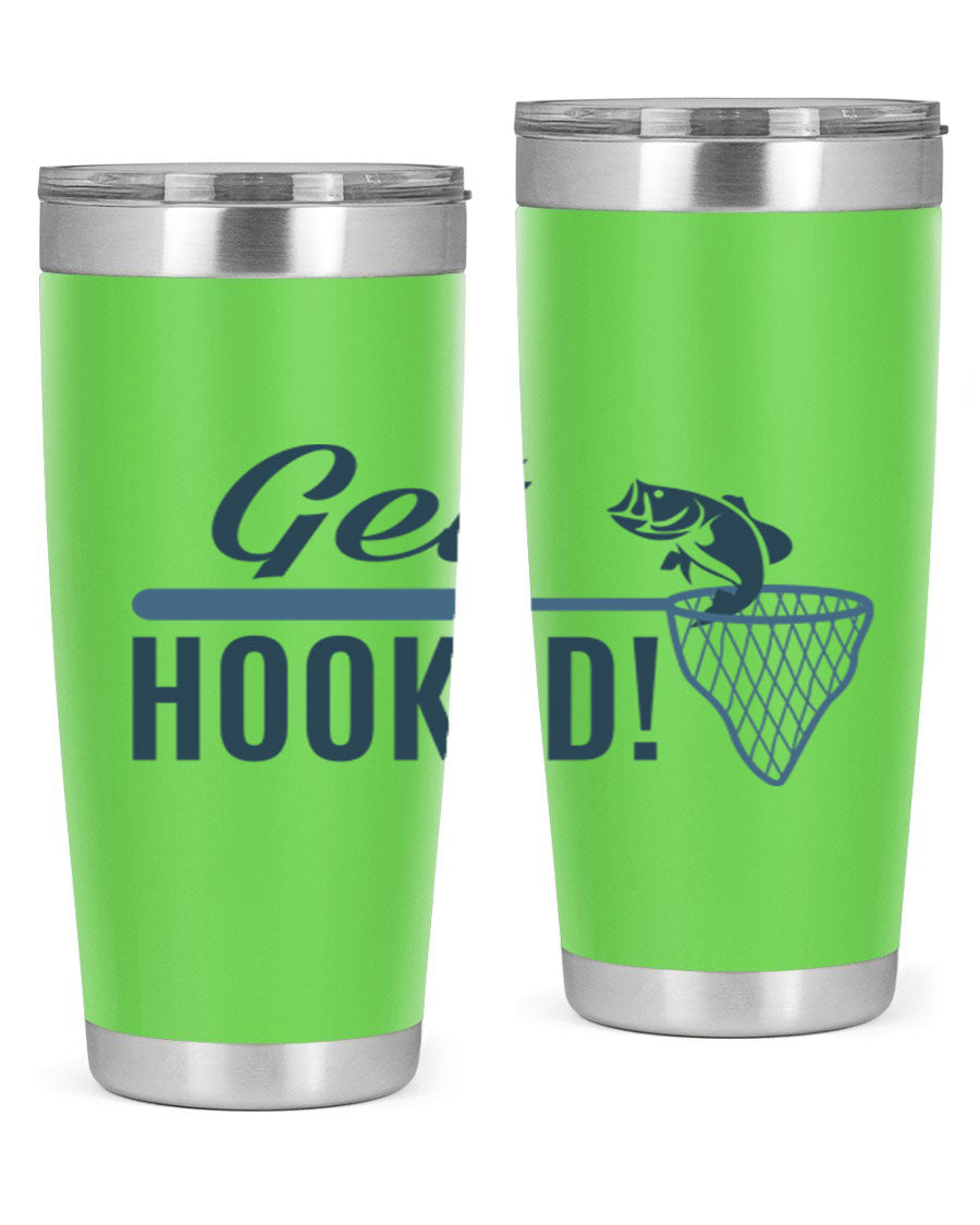 Get Hooked 133# Fishing Tumbler in stainless steel with a drink-thru lid, perfect for hot and cold beverages.