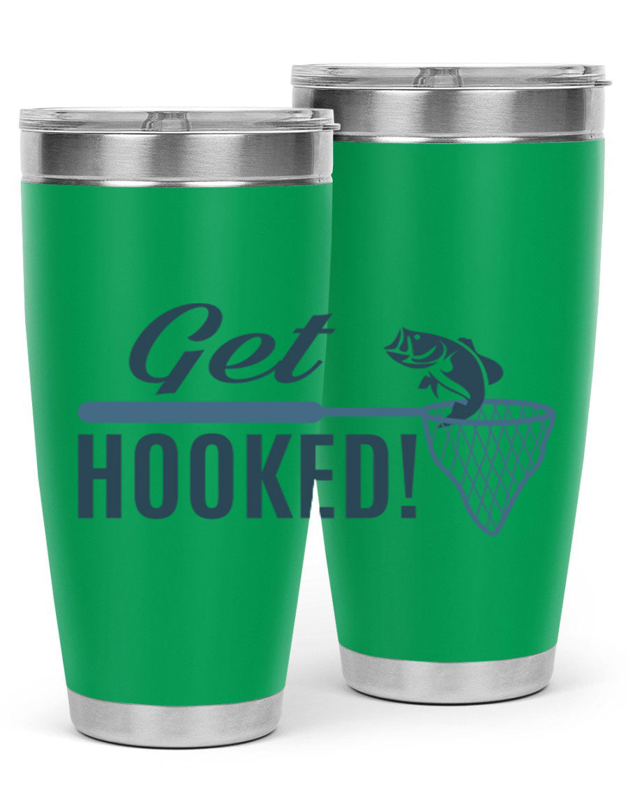 Get Hooked 133# Fishing Tumbler in stainless steel with a drink-thru lid, perfect for hot and cold beverages.