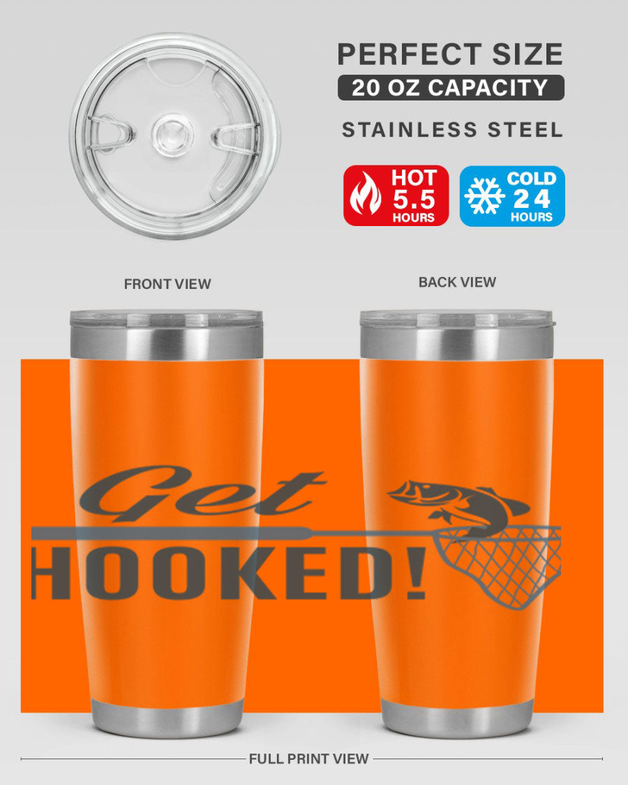 Get Hooked 133# Fishing Tumbler in stainless steel with a drink-thru lid, perfect for hot and cold beverages.