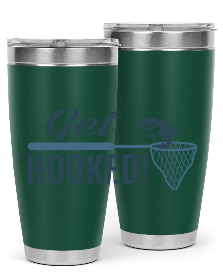 Get Hooked 133# Fishing Tumbler in stainless steel with a drink-thru lid, perfect for hot and cold beverages.