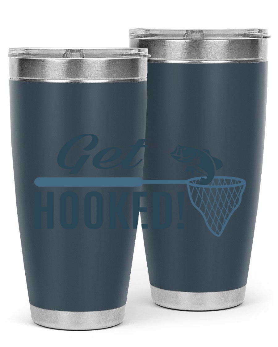 Get Hooked 133# Fishing Tumbler in stainless steel with a drink-thru lid, perfect for hot and cold beverages.