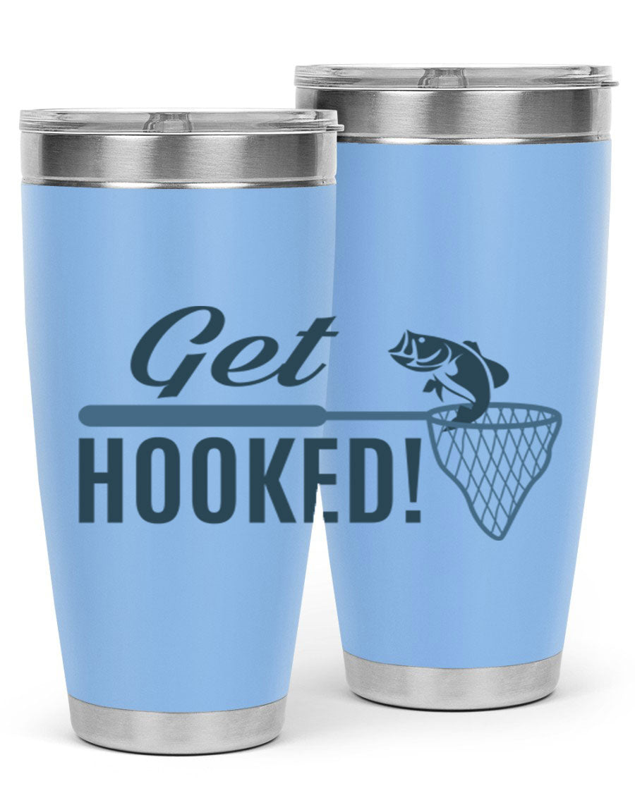 Get Hooked 133# Fishing Tumbler in stainless steel with a drink-thru lid, perfect for hot and cold beverages.