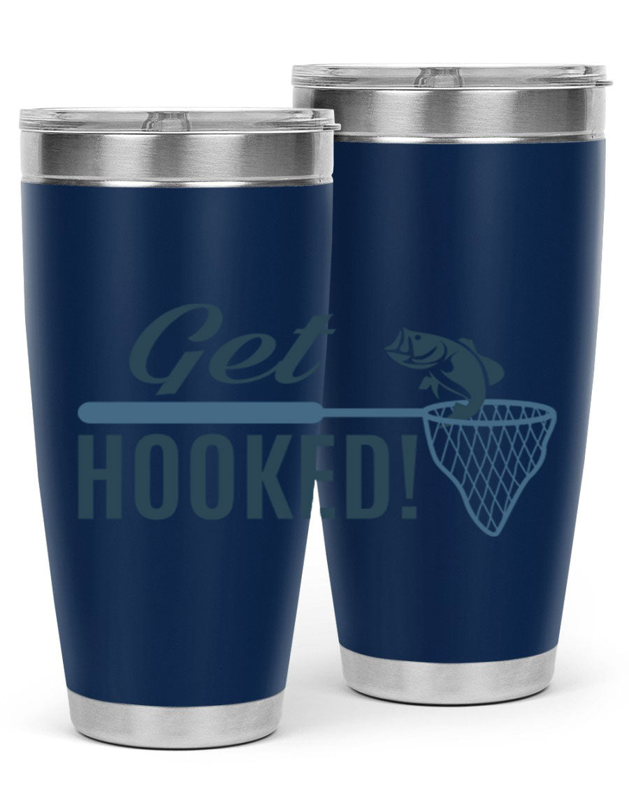 Get Hooked 133# Fishing Tumbler in stainless steel with a drink-thru lid, perfect for hot and cold beverages.