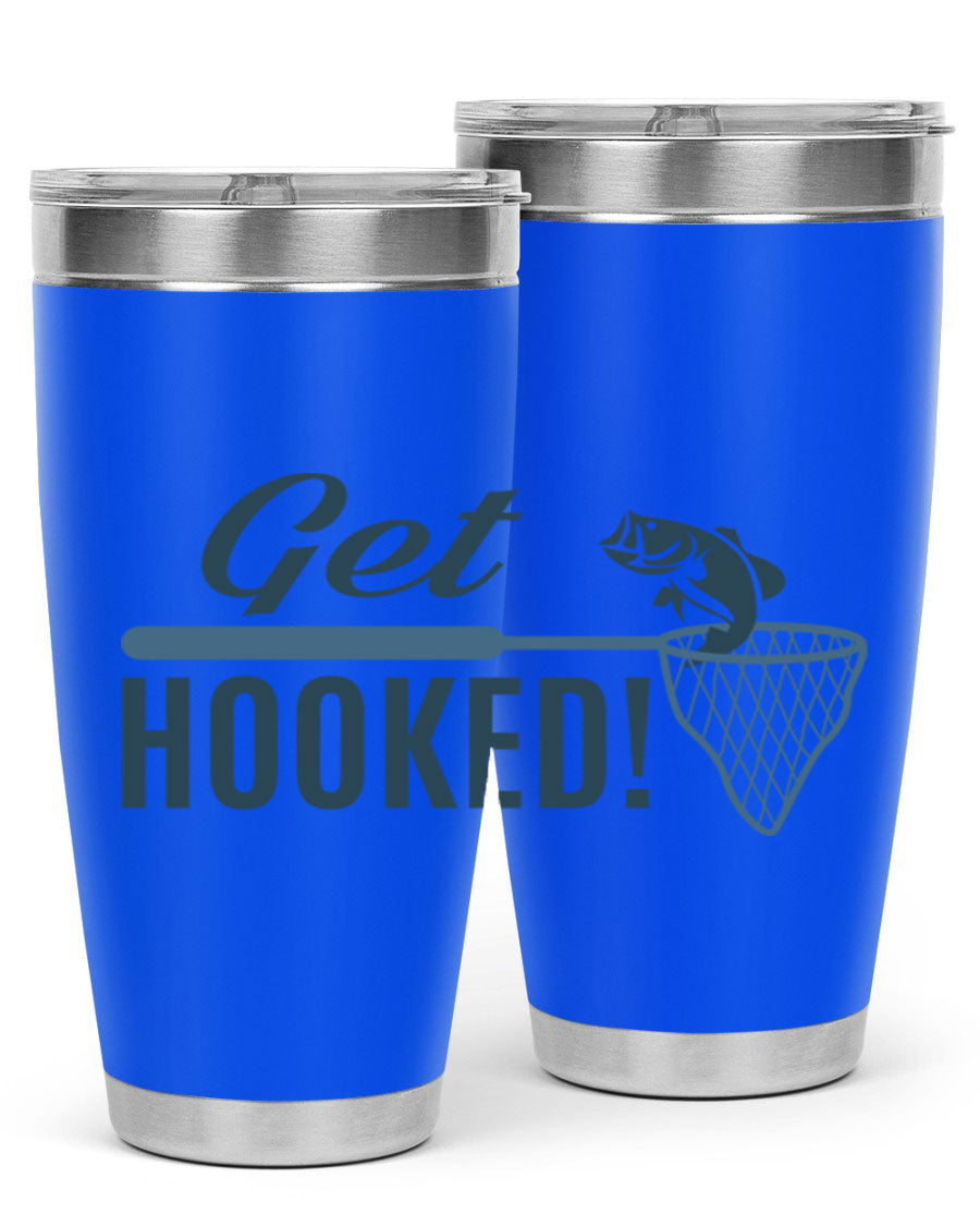 Get Hooked 133# Fishing Tumbler in stainless steel with a drink-thru lid, perfect for hot and cold beverages.