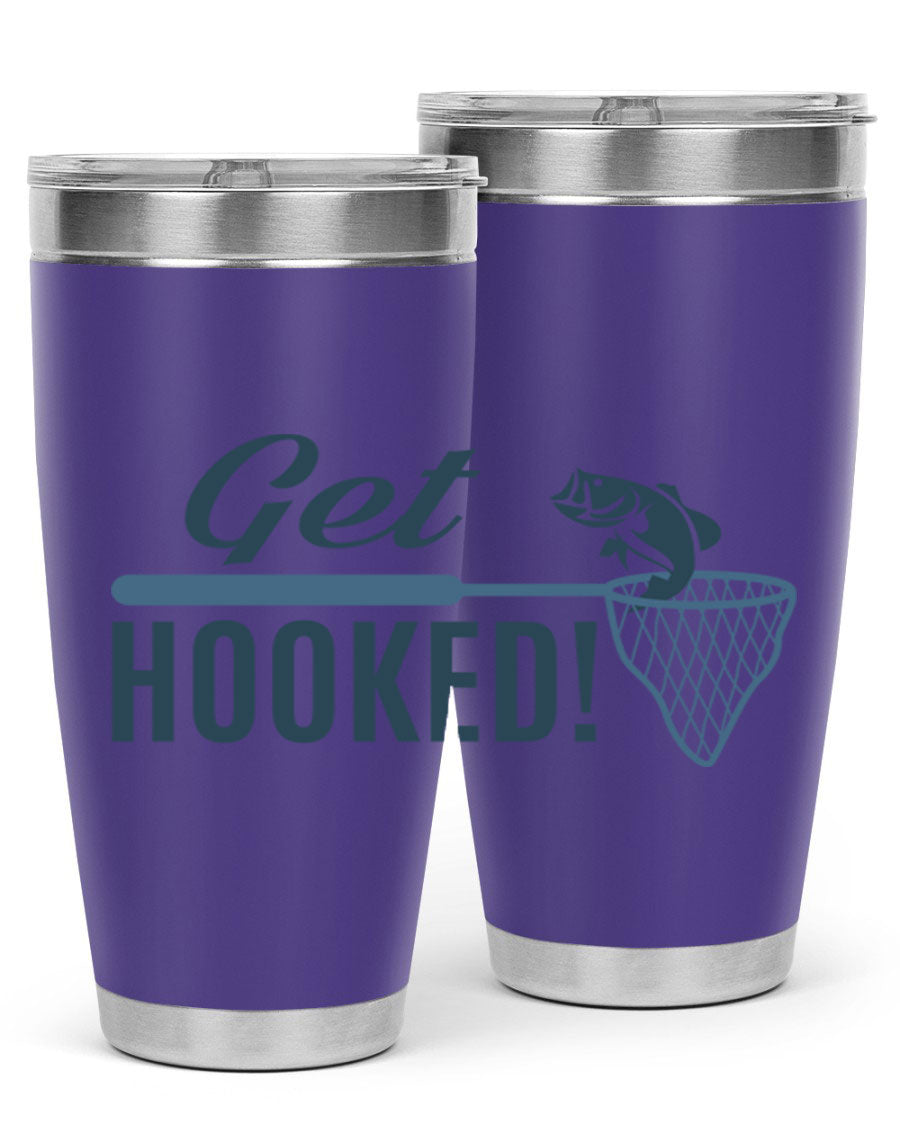 Get Hooked 133# Fishing Tumbler in stainless steel with a drink-thru lid, perfect for hot and cold beverages.