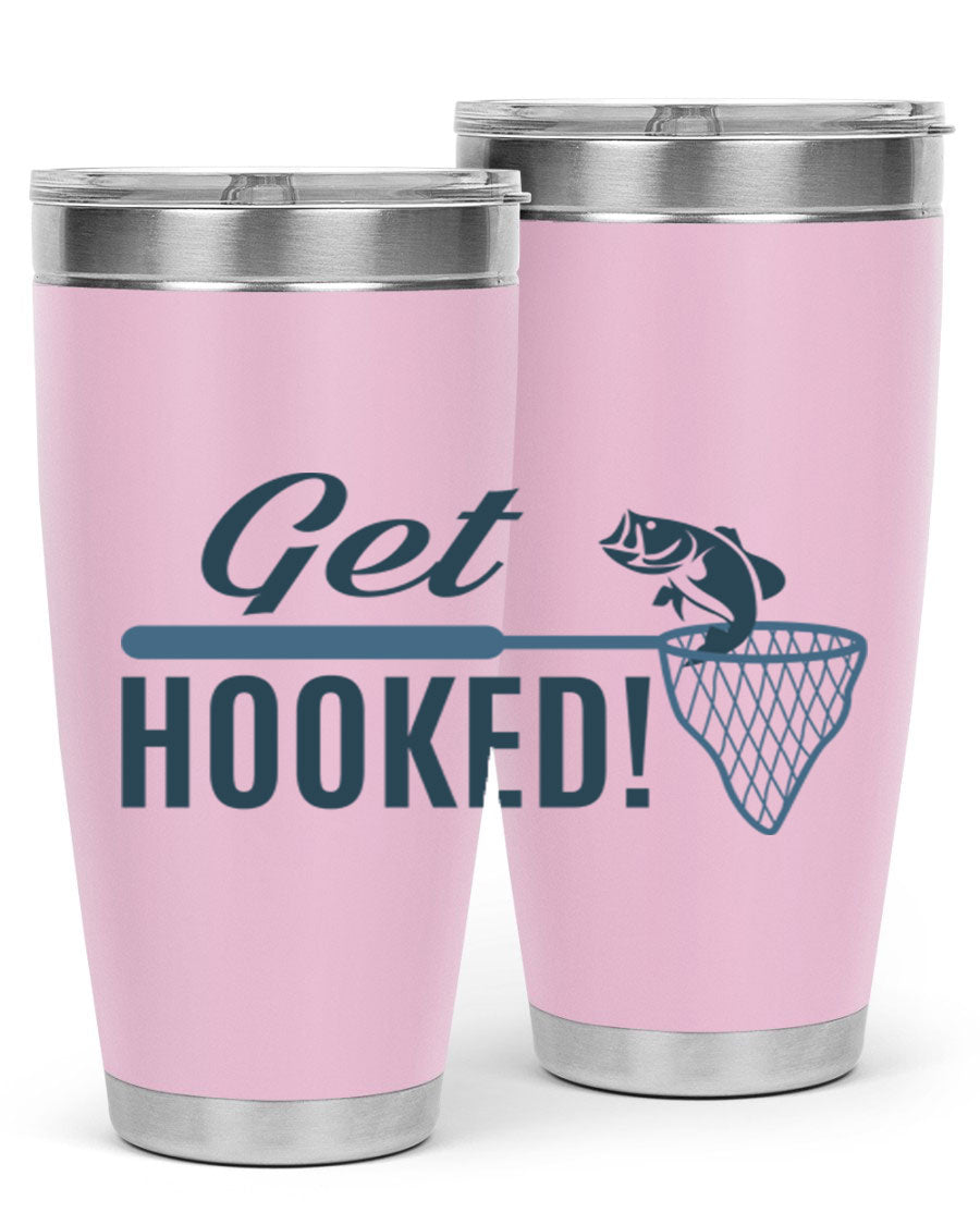 Get Hooked 133# Fishing Tumbler in stainless steel with a drink-thru lid, perfect for hot and cold beverages.