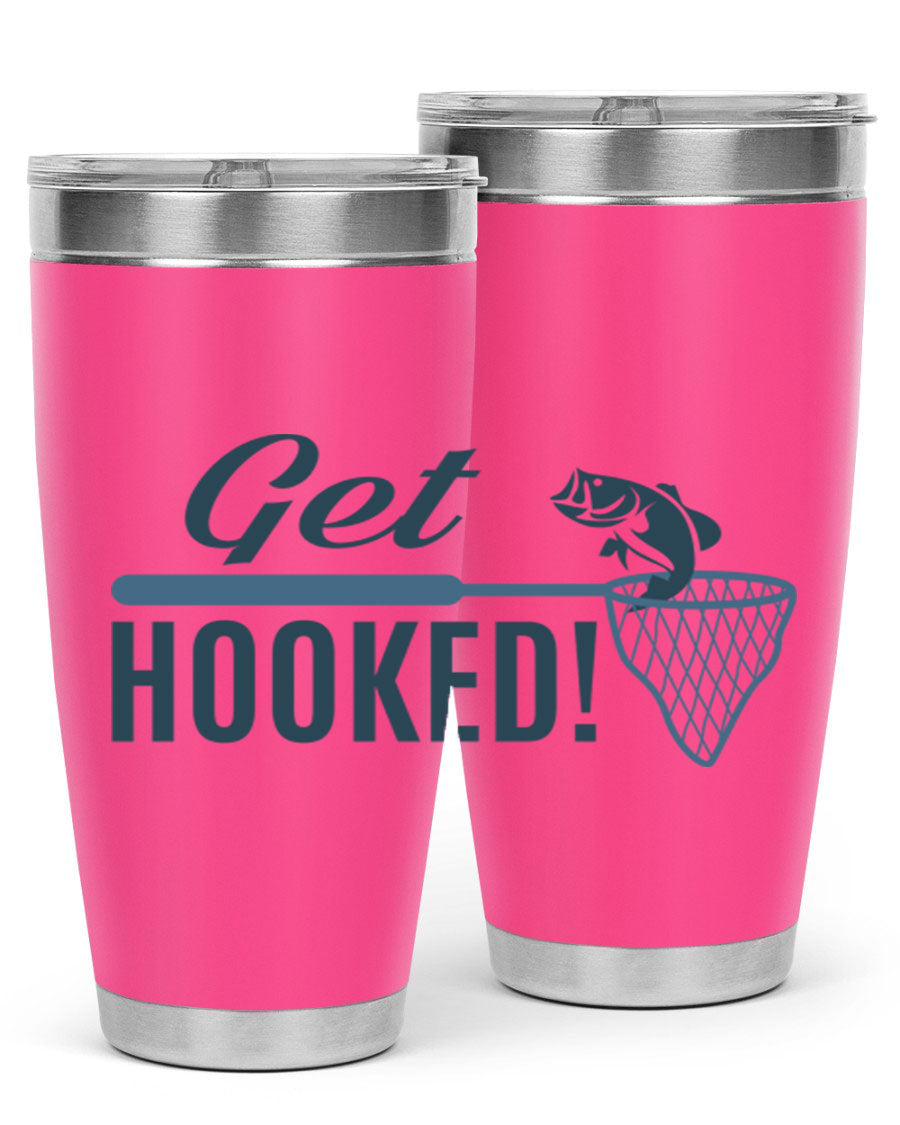 Get Hooked 133# Fishing Tumbler in stainless steel with a drink-thru lid, perfect for hot and cold beverages.