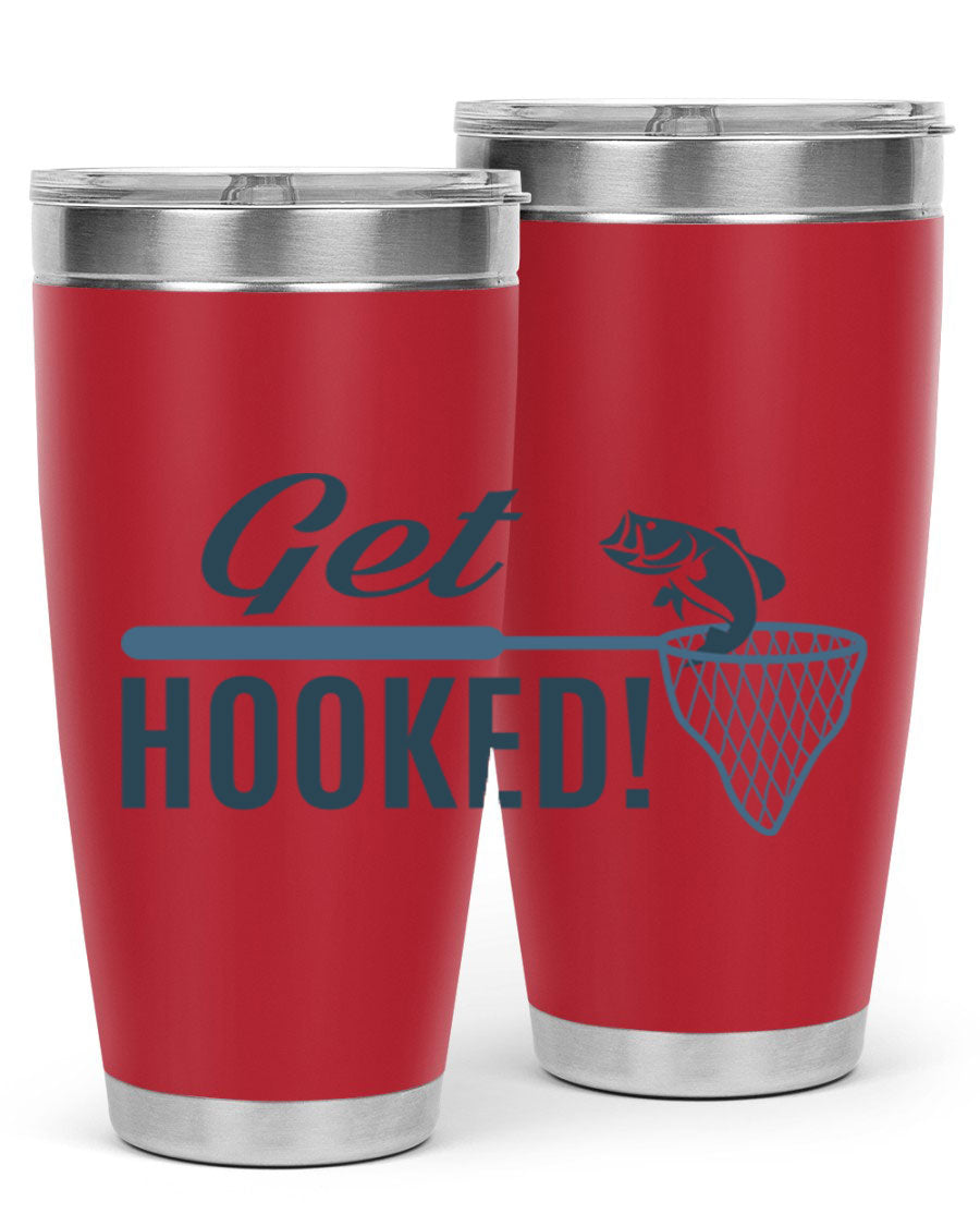 Get Hooked 133# Fishing Tumbler in stainless steel with a drink-thru lid, perfect for hot and cold beverages.