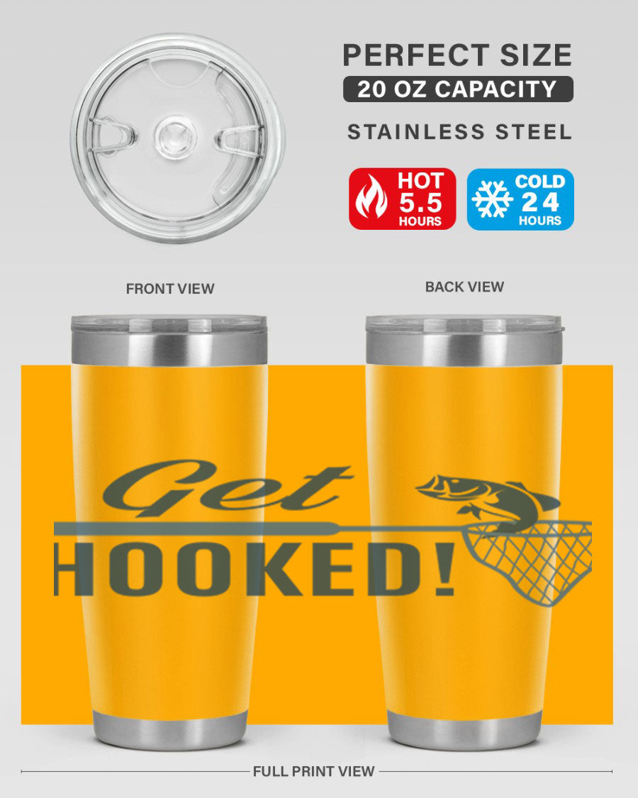 Get Hooked 133# Fishing Tumbler in stainless steel with a drink-thru lid, perfect for hot and cold beverages.