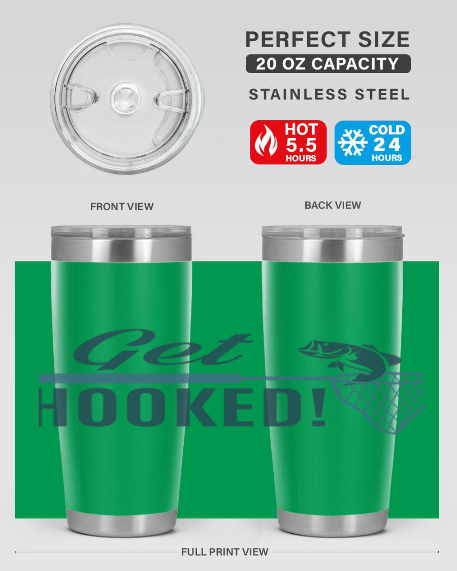 Get Hooked 133# Fishing Tumbler in stainless steel with a drink-thru lid, perfect for hot and cold beverages.
