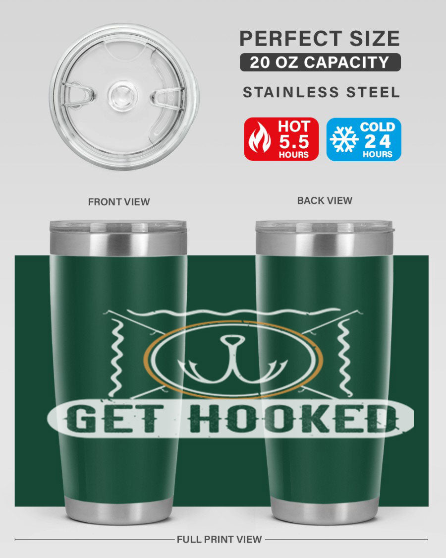 Get Hooked 264# Fishing Tumbler in stainless steel with a drink-thru lid, showcasing its sleek design and insulation features.