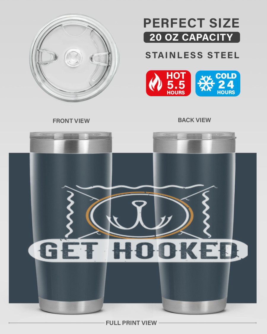 Get Hooked 264# Fishing Tumbler in stainless steel with a drink-thru lid, showcasing its sleek design and insulation features.