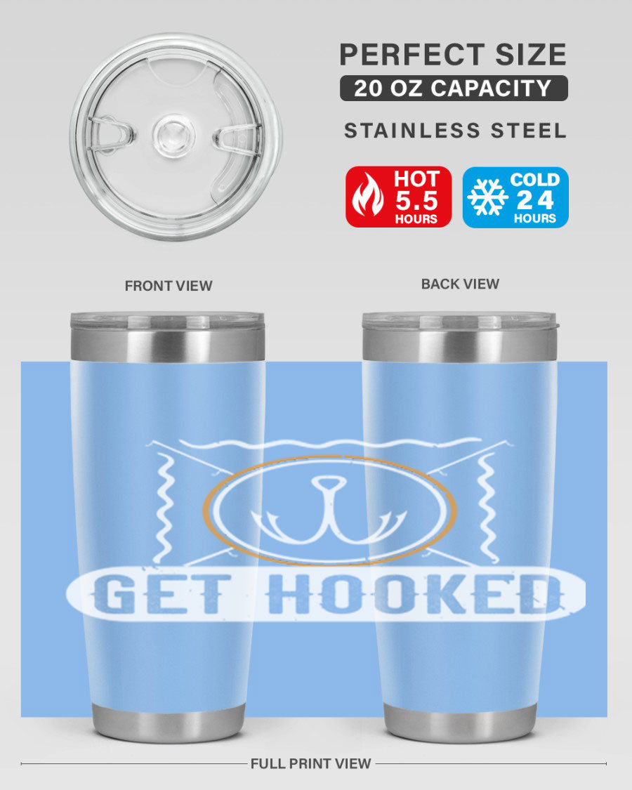 Get Hooked 264# Fishing Tumbler in stainless steel with a drink-thru lid, showcasing its sleek design and insulation features.