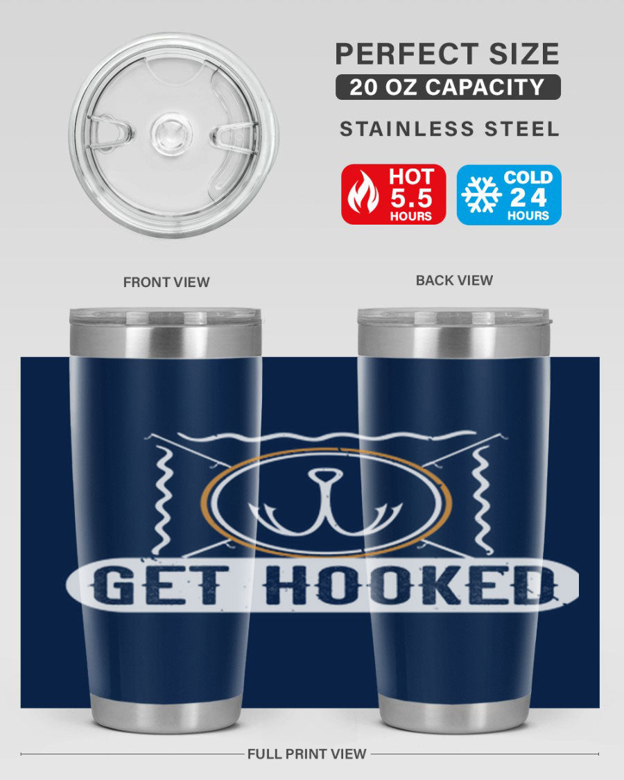 Get Hooked 264# Fishing Tumbler in stainless steel with a drink-thru lid, showcasing its sleek design and insulation features.