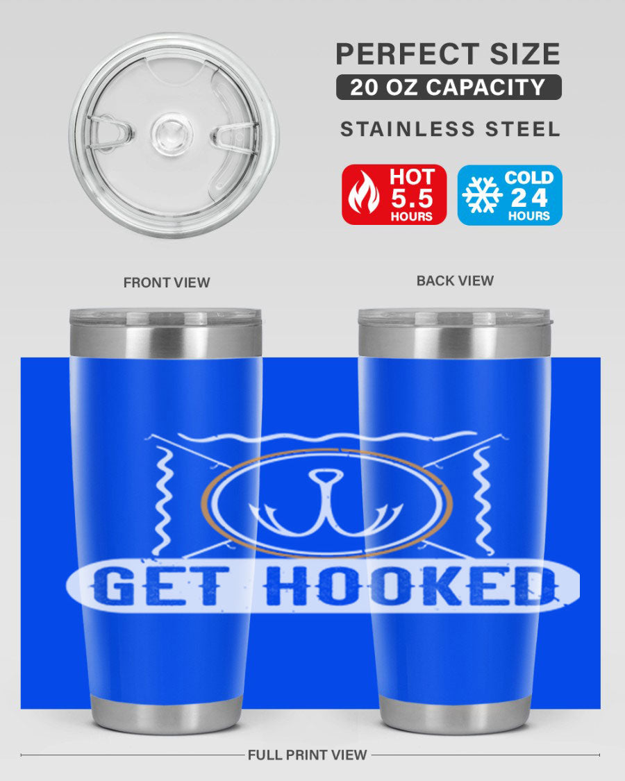 Get Hooked 264# Fishing Tumbler in stainless steel with a drink-thru lid, showcasing its sleek design and insulation features.