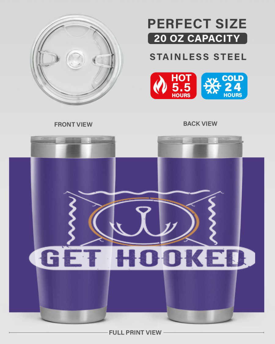 Get Hooked 264# Fishing Tumbler in stainless steel with a drink-thru lid, showcasing its sleek design and insulation features.