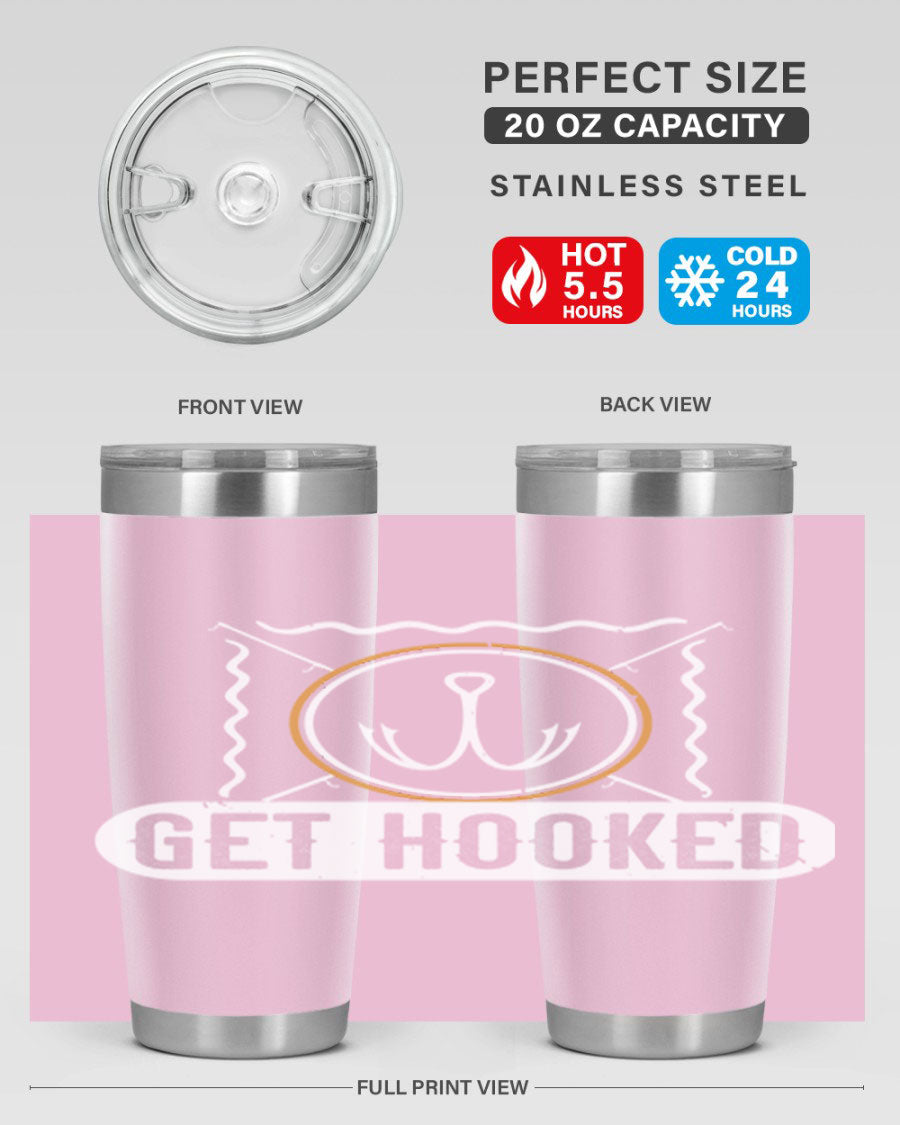 Get Hooked 264# Fishing Tumbler in stainless steel with a drink-thru lid, showcasing its sleek design and insulation features.