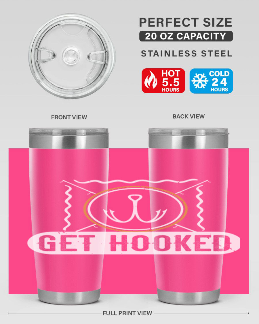 Get Hooked 264# Fishing Tumbler in stainless steel with a drink-thru lid, showcasing its sleek design and insulation features.