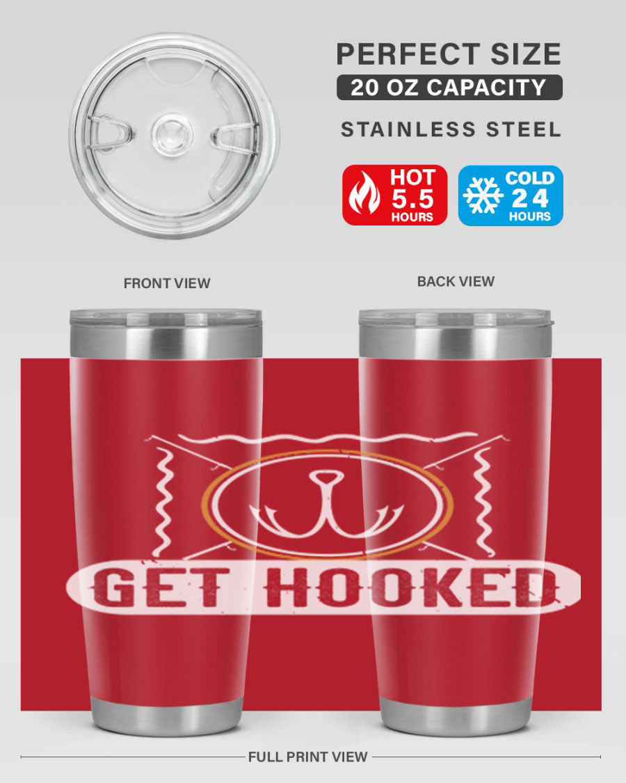 Get Hooked 264# Fishing Tumbler in stainless steel with a drink-thru lid, showcasing its sleek design and insulation features.