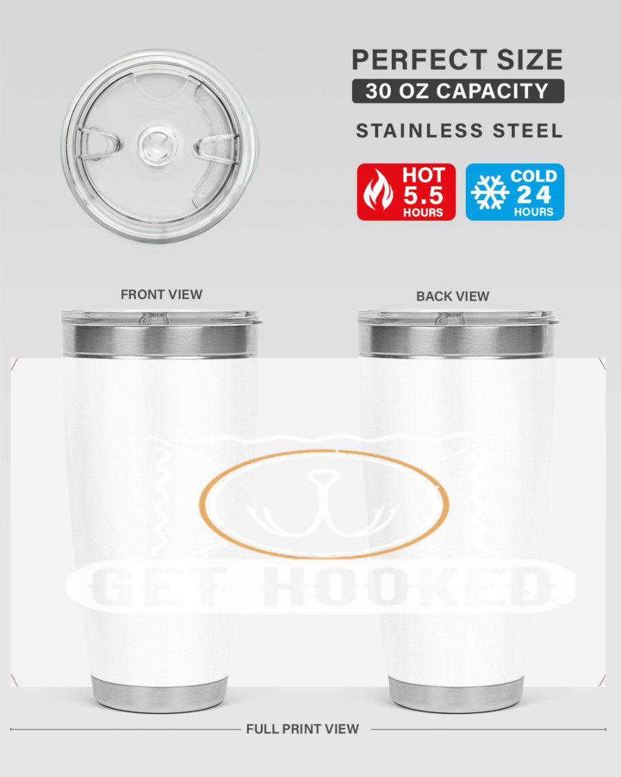 Get Hooked 264# Fishing Tumbler in stainless steel with a drink-thru lid, showcasing its sleek design and insulation features.