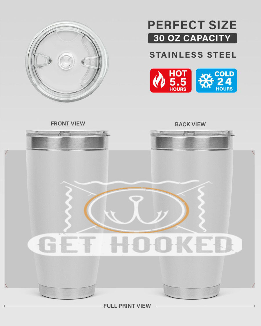 Get Hooked 264# Fishing Tumbler in stainless steel with a drink-thru lid, showcasing its sleek design and insulation features.
