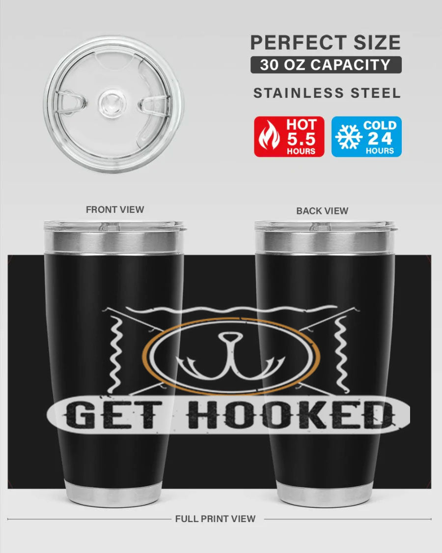 Get Hooked 264# Fishing Tumbler in stainless steel with a drink-thru lid, showcasing its sleek design and insulation features.