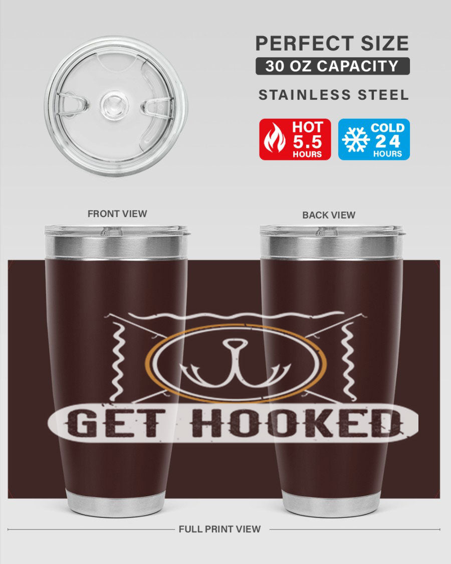 Get Hooked 264# Fishing Tumbler in stainless steel with a drink-thru lid, showcasing its sleek design and insulation features.