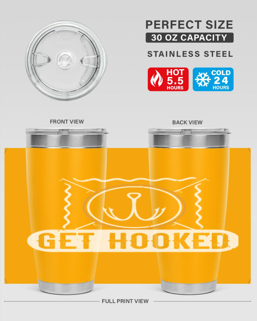 Get Hooked 264# Fishing Tumbler in stainless steel with a drink-thru lid, showcasing its sleek design and insulation features.