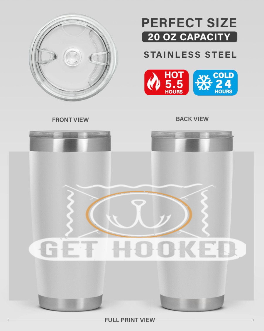 Get Hooked 264# Fishing Tumbler in stainless steel with a drink-thru lid, showcasing its sleek design and insulation features.