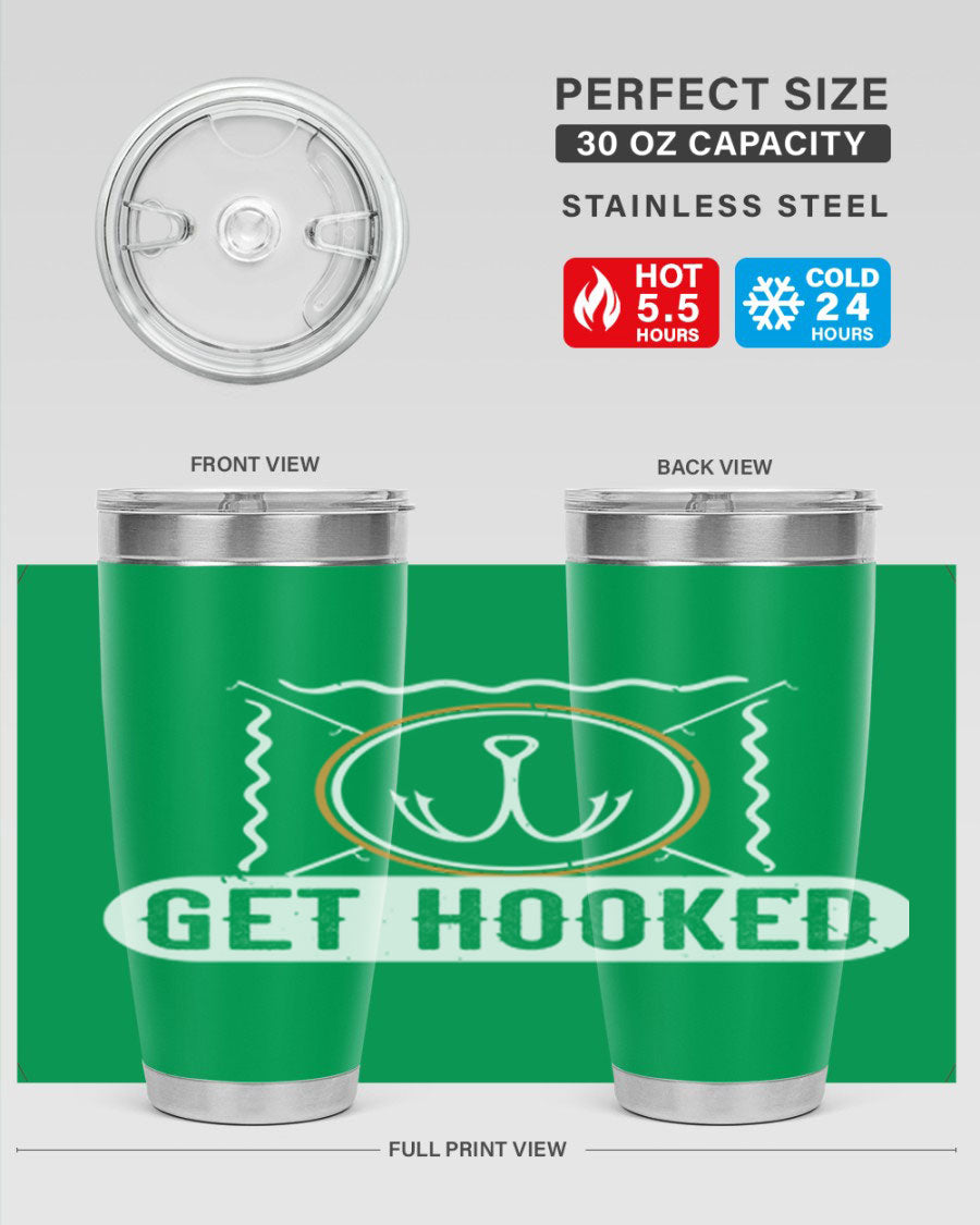 Get Hooked 264# Fishing Tumbler in stainless steel with a drink-thru lid, showcasing its sleek design and insulation features.