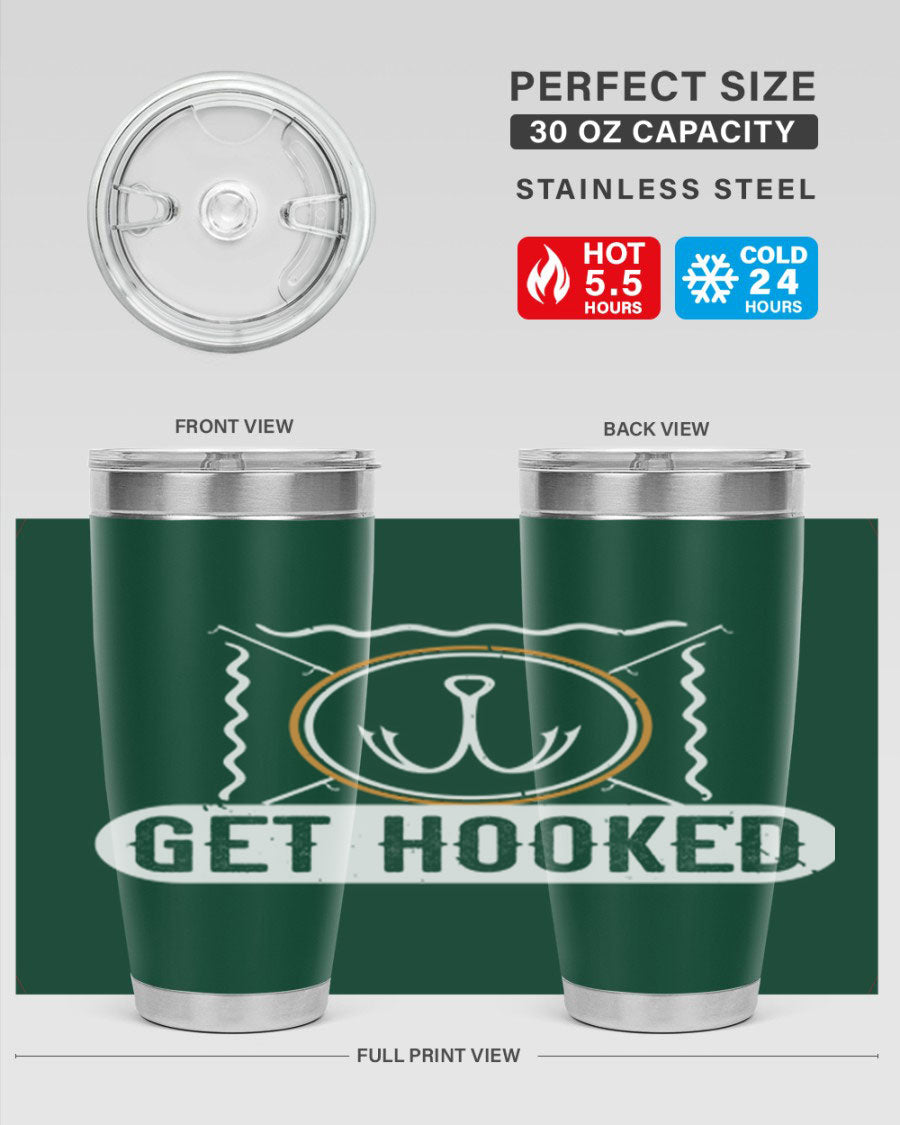 Get Hooked 264# Fishing Tumbler in stainless steel with a drink-thru lid, showcasing its sleek design and insulation features.