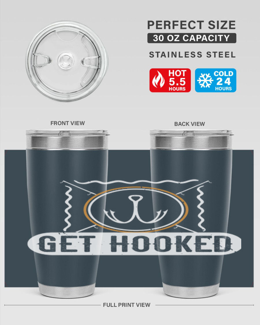Get Hooked 264# Fishing Tumbler in stainless steel with a drink-thru lid, showcasing its sleek design and insulation features.