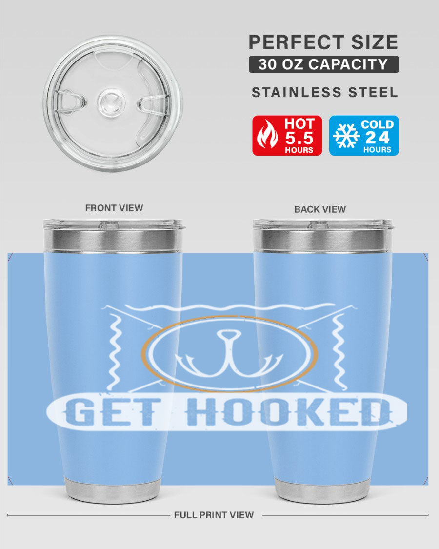 Get Hooked 264# Fishing Tumbler in stainless steel with a drink-thru lid, showcasing its sleek design and insulation features.