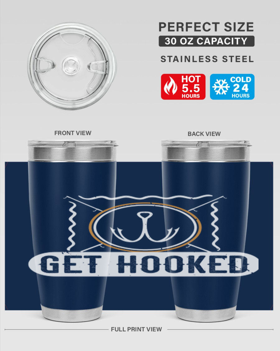 Get Hooked 264# Fishing Tumbler in stainless steel with a drink-thru lid, showcasing its sleek design and insulation features.