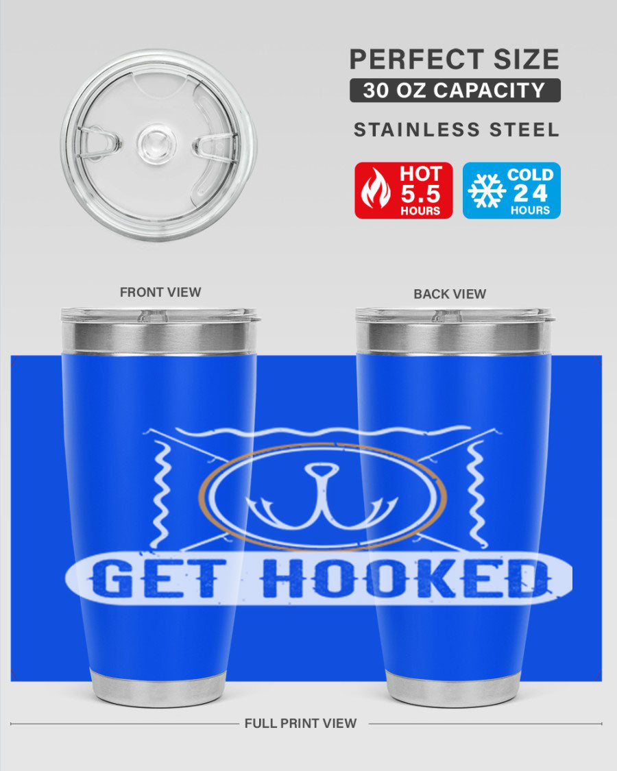 Get Hooked 264# Fishing Tumbler in stainless steel with a drink-thru lid, showcasing its sleek design and insulation features.