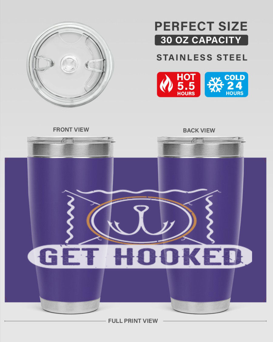 Get Hooked 264# Fishing Tumbler in stainless steel with a drink-thru lid, showcasing its sleek design and insulation features.