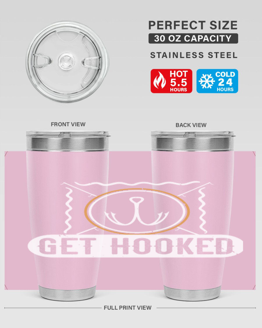 Get Hooked 264# Fishing Tumbler in stainless steel with a drink-thru lid, showcasing its sleek design and insulation features.