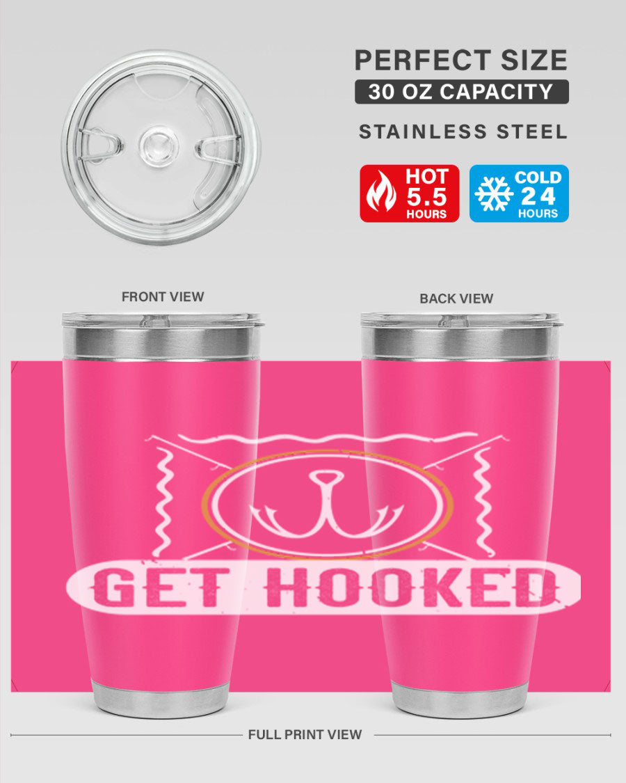 Get Hooked 264# Fishing Tumbler in stainless steel with a drink-thru lid, showcasing its sleek design and insulation features.