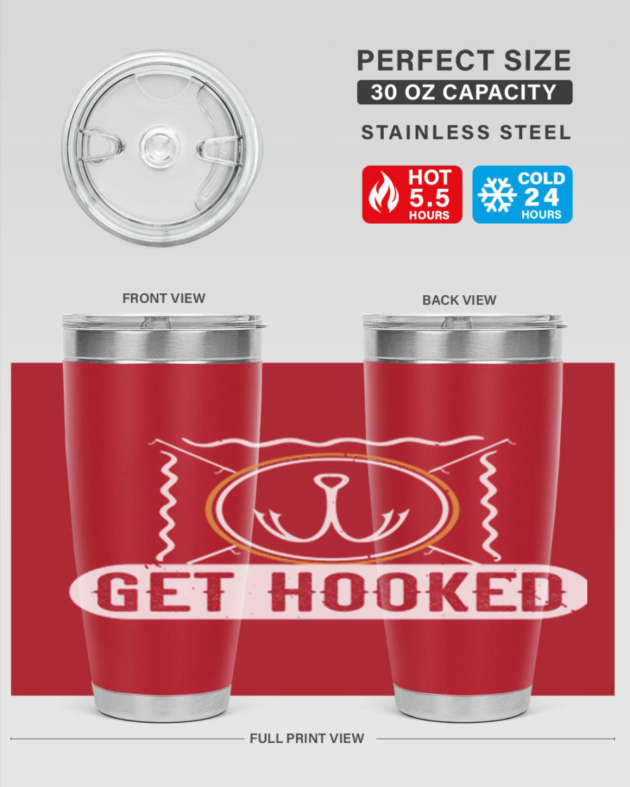 Get Hooked 264# Fishing Tumbler in stainless steel with a drink-thru lid, showcasing its sleek design and insulation features.