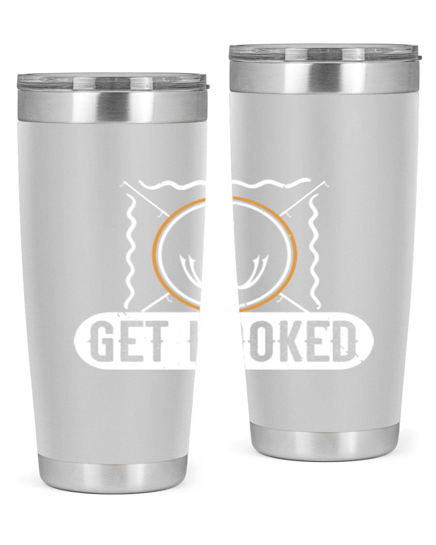 Get Hooked 264# Fishing Tumbler in stainless steel with a drink-thru lid, showcasing its sleek design and insulation features.