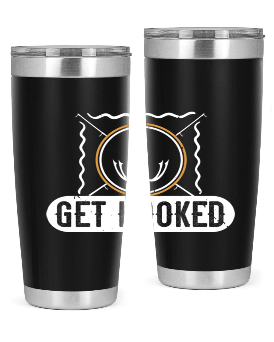 Get Hooked 264# Fishing Tumbler in stainless steel with a drink-thru lid, showcasing its sleek design and insulation features.