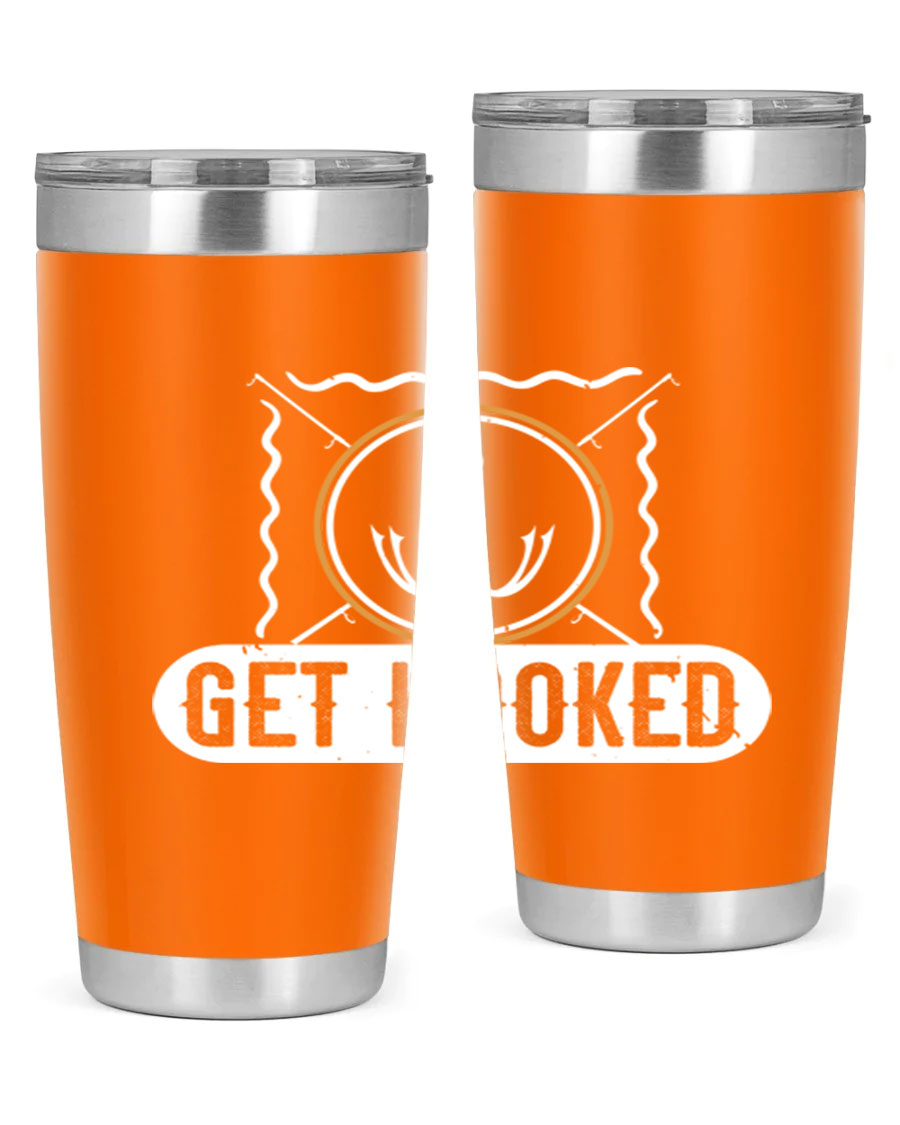Get Hooked 264# Fishing Tumbler in stainless steel with a drink-thru lid, showcasing its sleek design and insulation features.