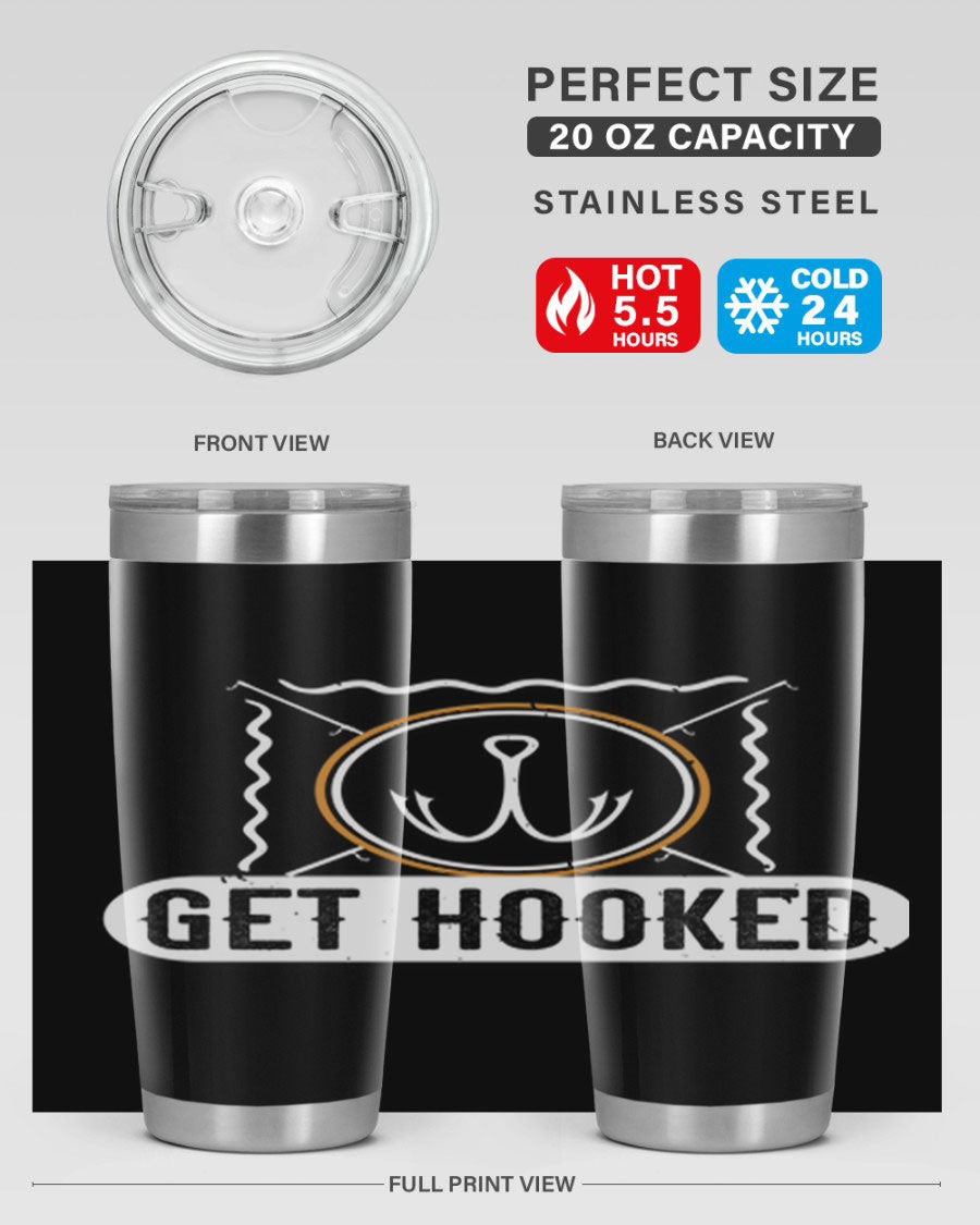 Get Hooked 264# Fishing Tumbler in stainless steel with a drink-thru lid, showcasing its sleek design and insulation features.