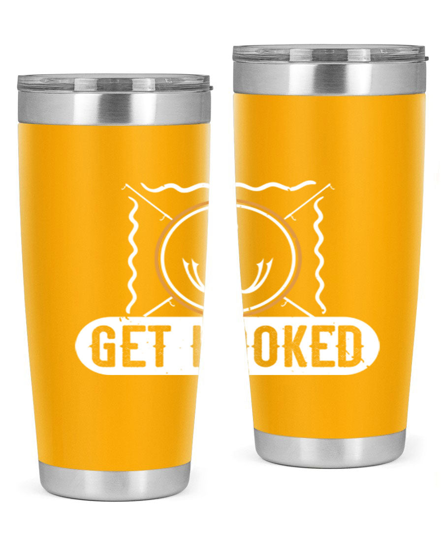 Get Hooked 264# Fishing Tumbler in stainless steel with a drink-thru lid, showcasing its sleek design and insulation features.