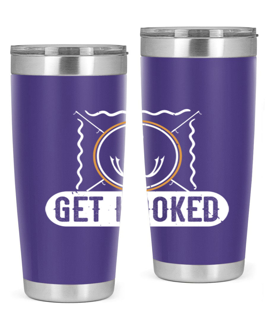 Get Hooked 264# Fishing Tumbler in stainless steel with a drink-thru lid, showcasing its sleek design and insulation features.