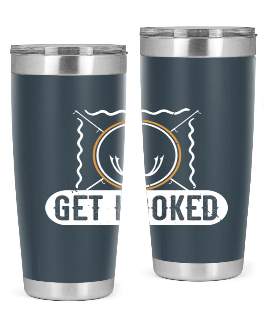 Get Hooked 264# Fishing Tumbler in stainless steel with a drink-thru lid, showcasing its sleek design and insulation features.