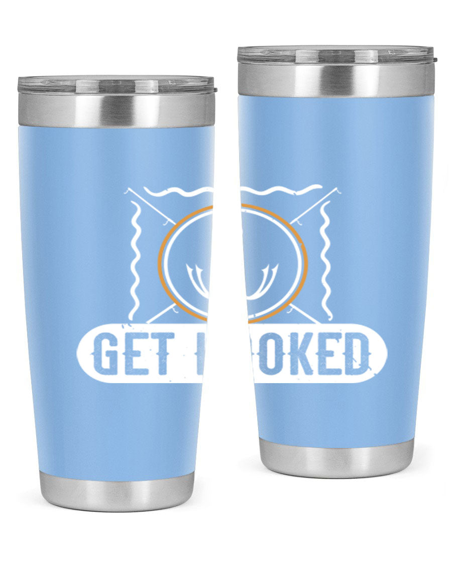 Get Hooked 264# Fishing Tumbler in stainless steel with a drink-thru lid, showcasing its sleek design and insulation features.