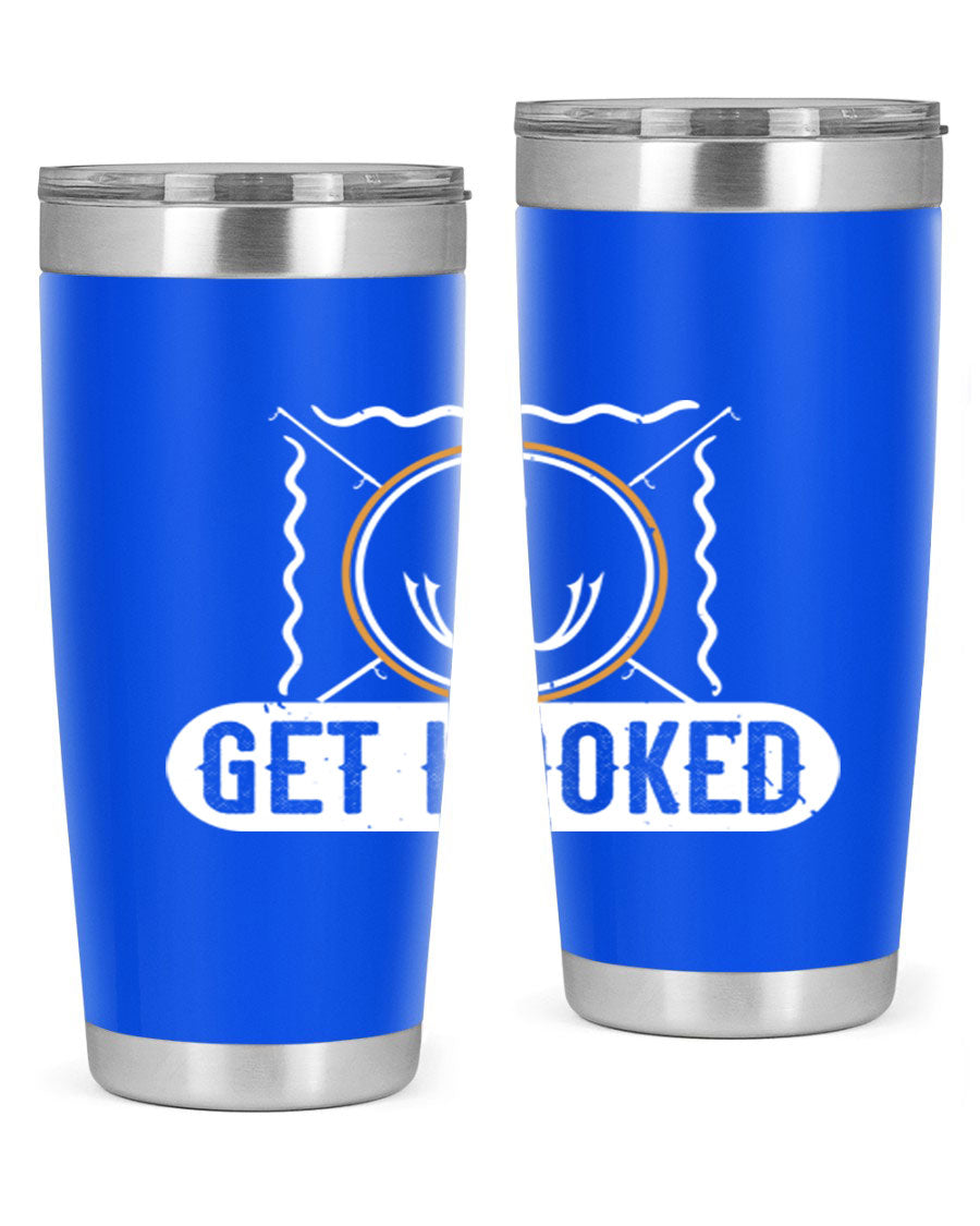 Get Hooked 264# Fishing Tumbler in stainless steel with a drink-thru lid, showcasing its sleek design and insulation features.
